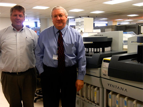 Drs. Jim Pettay (L) and Ray Tubbs (R) with the Ventana staining system.