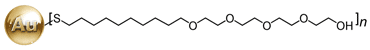 3013 (1-Mercaptoundec-11-yl) tetraethyleneglycol functionalized 5 nm gold nanoparticles The thiol is covalently attached to 5 nm gold nanoparticles. Soluble in alcohol and water.