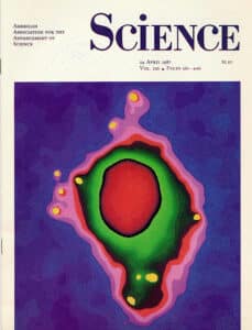 Science magazine cover, 1987. Electron micrograph of Nanogold label by James F. Hainfeld on the cover of Science magazine